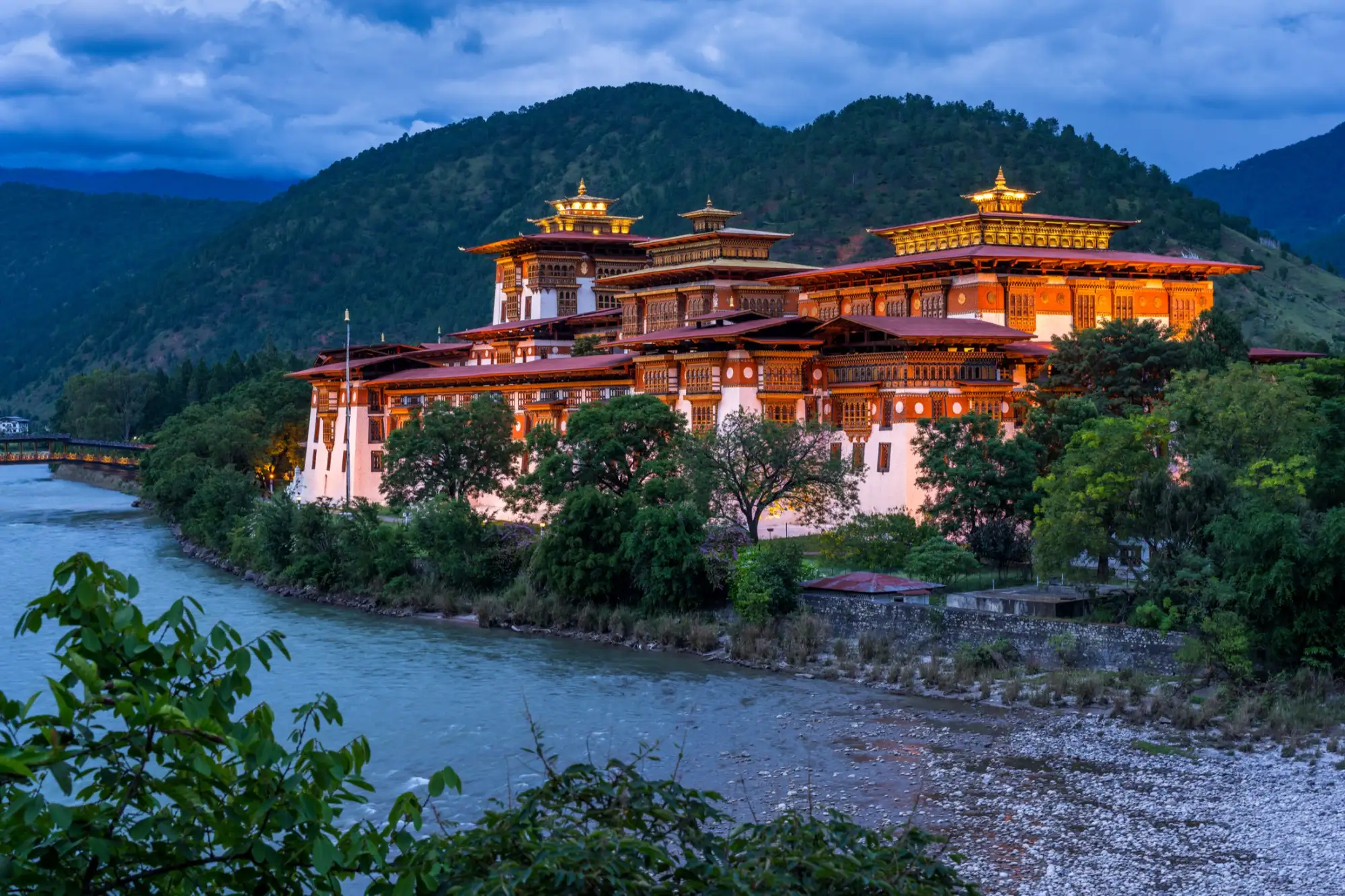 Punakha Dzong at dusk beside the river