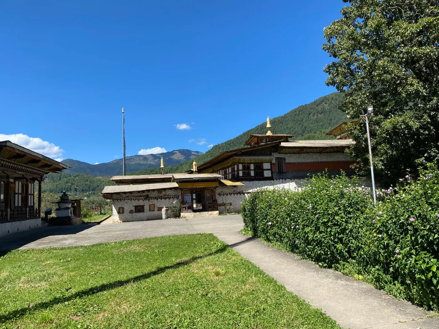 Tamshing Lhakhang and its courtyard under a clear blue sky, with forested hills behind